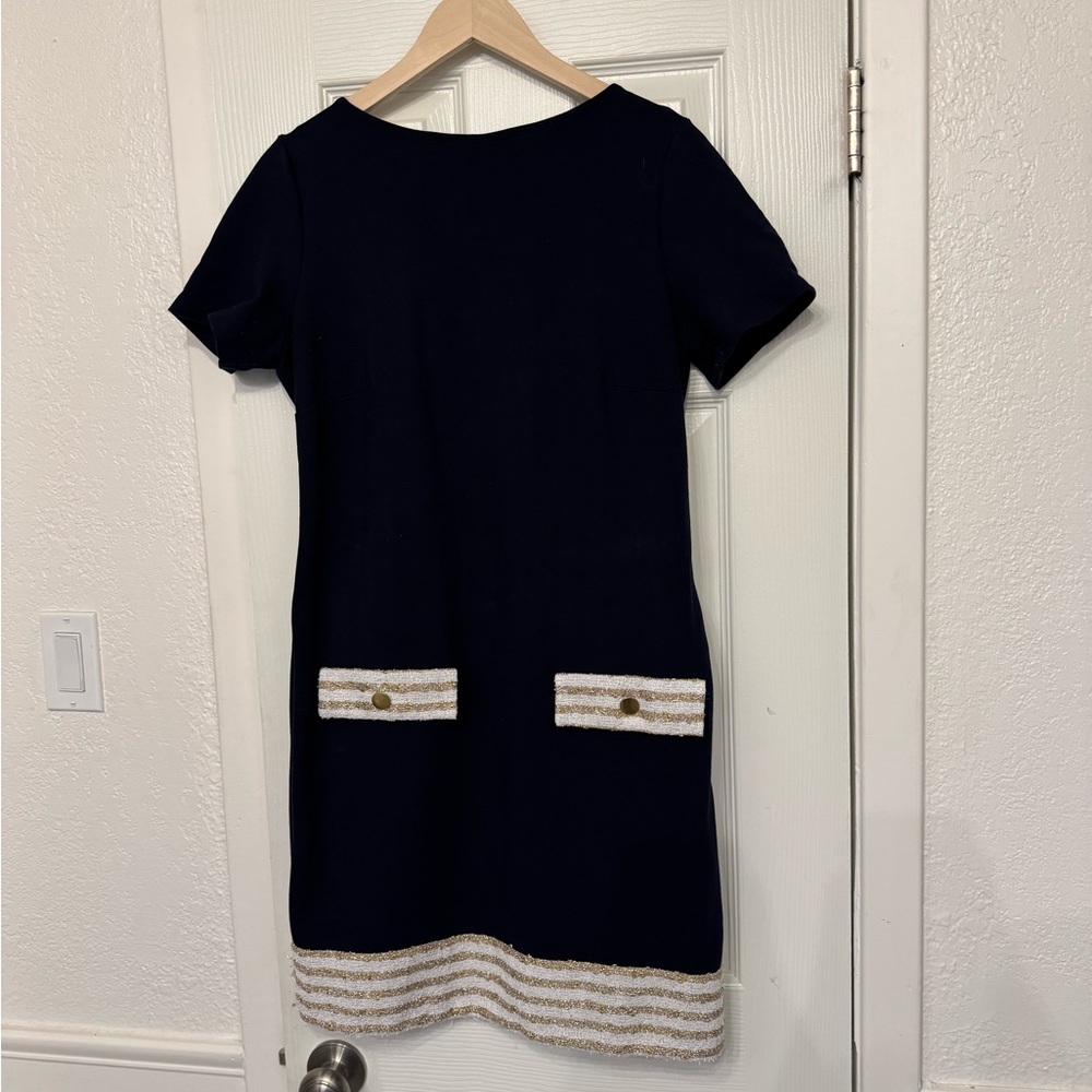 Madderson London Navy Dress with gold and white tweed trim